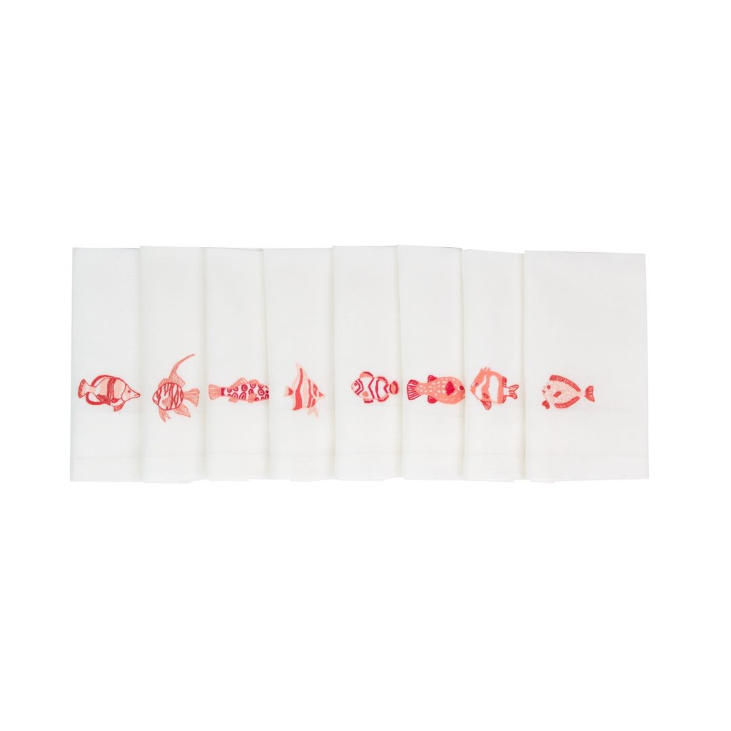 POISSONS ATOLL - 8 Serviettes de Table en Lin Blanc 