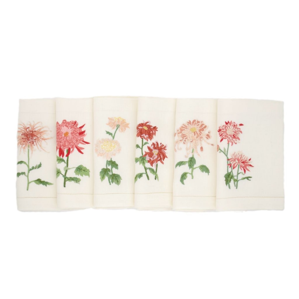 KIKU FLOWERS - 6 Linen Table Napkins 