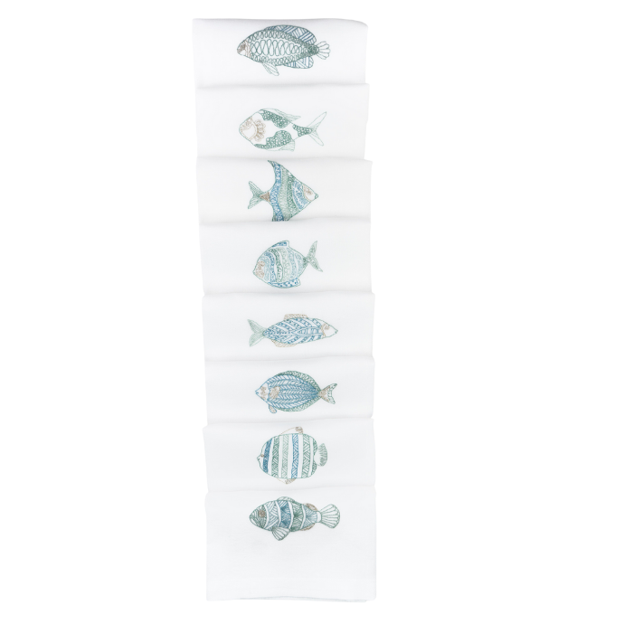 TURQUOISE FISH - 8 White Linen Table Napkins