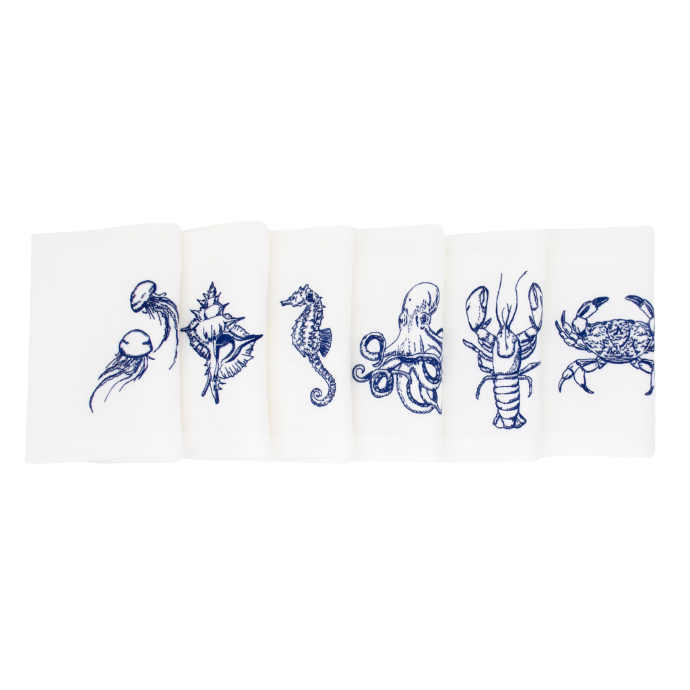 FAUNE MARINE - 6 Serviettes de Table en Lin