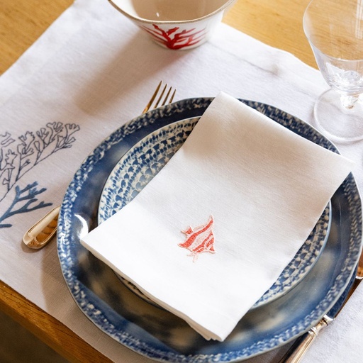 POISSONS ATOLL - 8 Serviettes de Table en Lin Blanc 